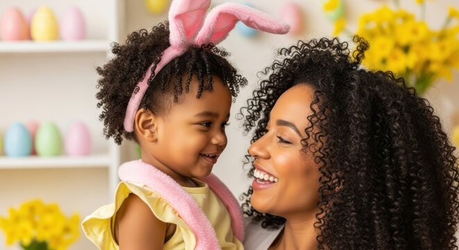 Happy mother and daughter celebrating Easter with bunny ears and smiles