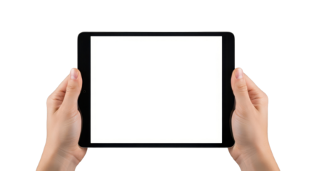 Hands holding a tablet with blank screen isolated on black background