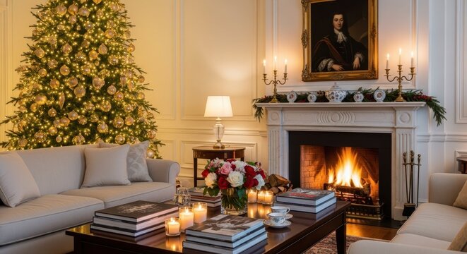 Cozy Christmas living room with a decorated tree, fireplace, and candles