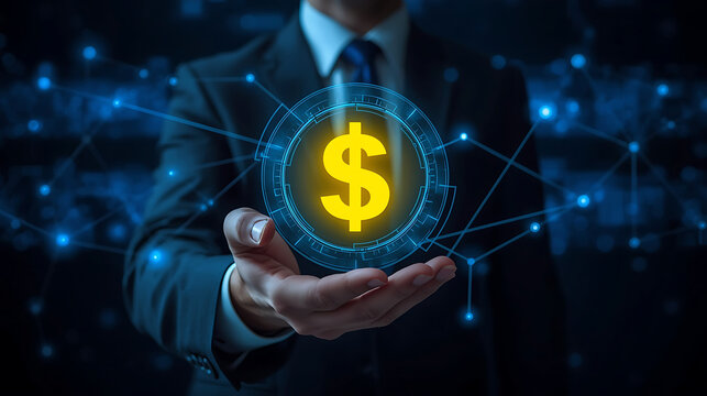 A businessman holds a digital dollar sign symbol, symbolizing digital finance, cryptocurrency, or virtual banking, surrounded by a futuristic blue network and dark background with blue light effects.