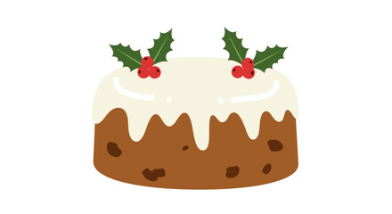 Delicious Christmas Fruitcake with Icing and Holly Decorations.
