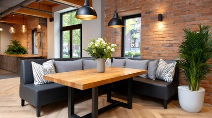 Industrial modern restaurant cafe interior design with brick wall