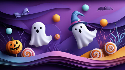 Obraz premium Ghost and candy provide joy and enchantment in spooky Halloween party scene with charming witch hat