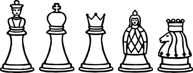 A line drawing illustration of six chess pieces a pawn, rook, queen, king, bishop, and knight, arranged in a row. The pieces are depicted in a detailed, hand-drawn style with hatching and cross-hatchi