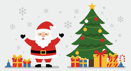 Festive Christmas scene featuring Santa Claus and decorated tree with gifts.