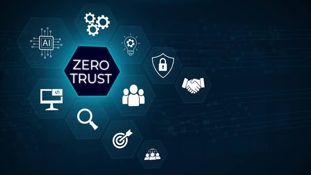 Zero Trust Security Concept. A person types on a laptop with virtual icons zero trust security, cloud protection, business information network security, 3D dark blue background 4k animation