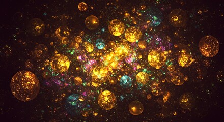 Abstract illustration of glowing orbs and particles in a dark space environment
