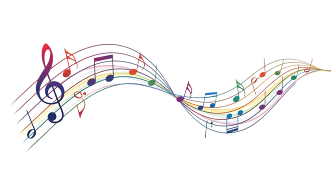Colorful musical notes and treble clef on a wavy staff isolated on a transparent background wavy lines