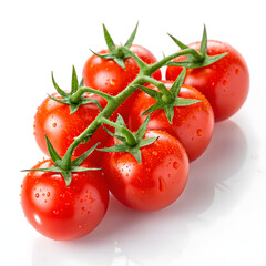 Vine of Fresh Red Cherry Tomatoes Covered in Water Droplets on White Background graphic