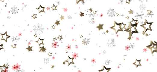 Elegant holiday background with gold stars and snowflakes scattered on a white backdrop, perfect for festive designs and winter celebrations.