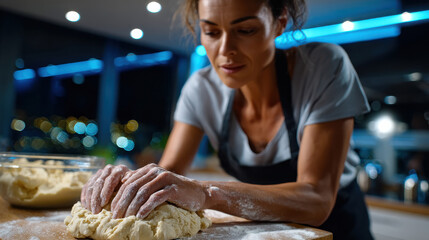 A focused woman kneads dough on a wooden surface in a modern kitchen, emphasizing the art of baking and the joy of creating bread from scratch at home.