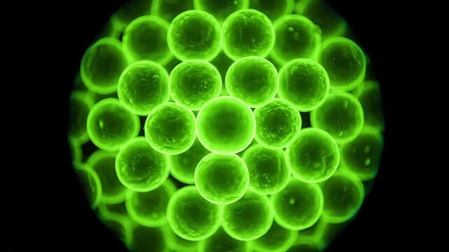 A cluster of glowing green spheres arranged in a close packed hexagonal array on black background