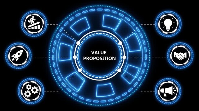Animated value proposition concept with business icons arranged on a glowing neon backdrop