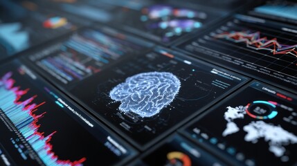 A futuristic display of data visualizations, featuring a digital brain and various analytics, illustrating advanced technology and cognitive insights.