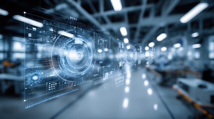 Obraz premium A futuristic digital interface overlays a modern industrial workspace, showcasing advanced technology and data visualization.