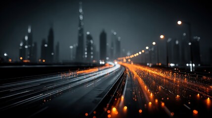A dynamic cityscape at night, featuring blurred light trails on a roadway with tall buildings illuminated in the background.