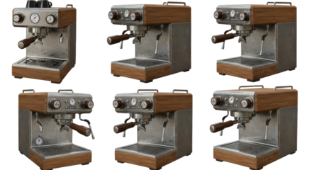 Vintage espresso coffee machine with wooden accents shown from multiple angles, perfect for cafe and coffee shop themes