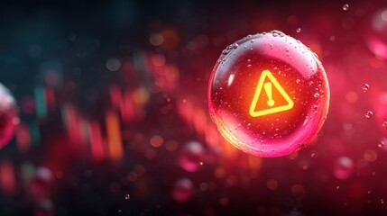 A vibrant, abstract image featuring a glowing warning symbol within a bubble, surrounded by colorful droplets and a blurred background.
