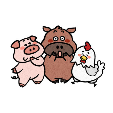 ウシ・ブタ・ニワトリのキャラクター　手描きイラスト素材