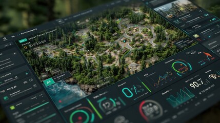 A digital dashboard displaying analytics and geographical data, featuring a forested area with detailed graphs and metrics related to environmental monitoring.