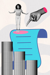 Banner 3d sketch pop art image collage of shocked businesswoman stand coin stack regress statistics...