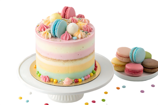 Two tiered pastel celebration cake with macarons isolated on transparent background - Powered by Adobe