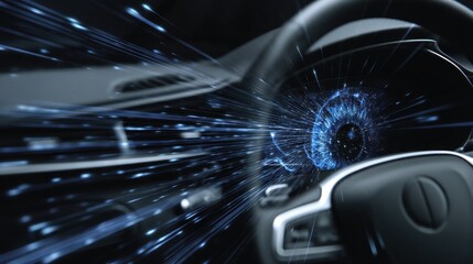 A futuristic view of a car dashboard with dynamic light effects, suggesting speed and advanced technology in automotive design.