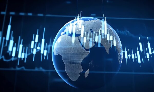 Global financial market data visualization with a digital world map and candlestick charts showing economic trends and investment performance - Powered by Adobe