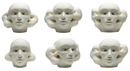Vintage white plaster masks with expressive faces arranged in two rows on black background, perfect for art projects and theatrical design