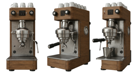 Vintage wooden espresso machine with metal details and milk frother, perfect for cafés and coffee lovers