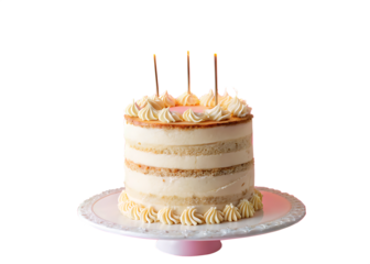 Tall naked cake with three candles isolated on transparent background