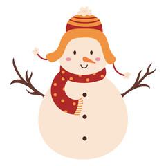 Сute snowman in a hat and scarf. Traditional cozy winter element for holidays. New Year and Christmas decorations. Colored flat hand-drawn illustration isolated on white background.