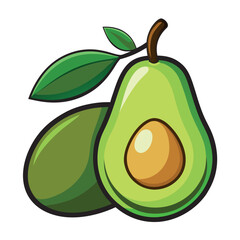 Avocado Vector Illustration, Half and Whole with Leaf, Cute Cartoon, Isolated on White Background