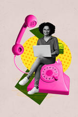 Vertical poster collage of happy businesswoman sit telephone retro pink device call center manager...