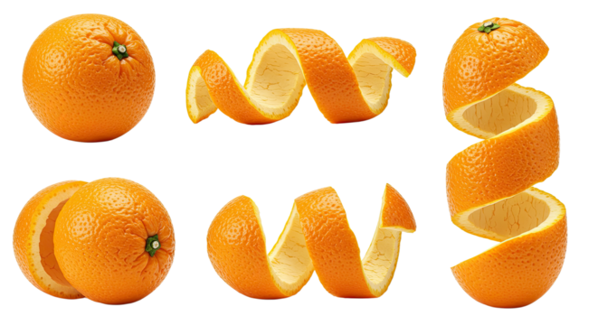 Whole and peeled orange fruit with spiral peel isolated on white background, fresh citrus fruit, perfect for healthy lifestyle or cooking content