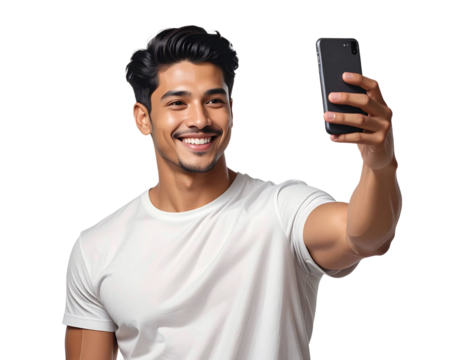 Junger Mann macht Selfie, transparenter Hintergrund, PNG - Powered by Adobe