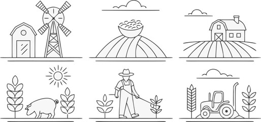 “a set of minimalist line-art farm and agriculture icons, including windmill, farmer with shovel, rice bowl, corn, irrigation system, sack of seeds, wheat, grain silo, cow, sheep, tractor, barn, pig, 
