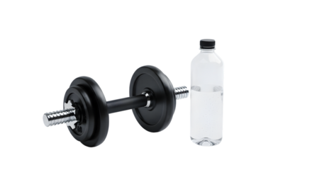 Dumbbell and Water Bottle on White Background
