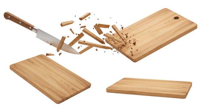 Wooden cutting boards with knife chopping wood shavings, kitchen accessories for cooking and food preparation