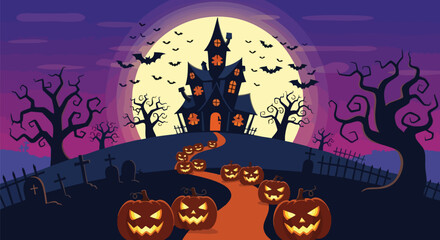 Halloween Illustration Haunted House Vector Flat Design with Pumpkins Path and Full Moon Night
