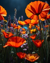 Sunlit Poppy Field with Purple Wildflowers Illustration