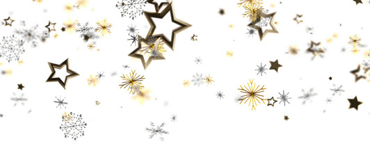 Abstract festive background with golden stars and snowflakes falling over a white backdrop, creating a magical and celebratory atmosphere for wi