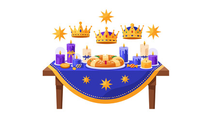 Mesa &ldquo;Tres Coronas&rdquo; con Rosca de Reyes, velas y coronas doradas para la Epifan&iacute;a
