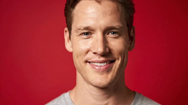 Close-up of a smiling man with a gray shirt against a vibrant red background