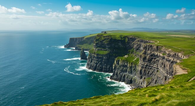 Coastal cliffs meet turquoise waters under a bright blue sky - Powered by Adobe