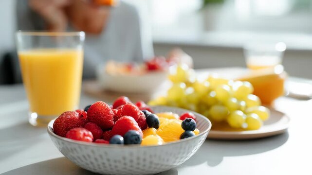 Fresh mixed berries, grapes, and orange slices served in a bowl on a bright morning table. A glass of orange juice and blurred breakfast background create a healthy lifestyle vibe