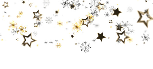 Beautiful abstract winter scene with stars and snowflakes floating against a white backdrop, perfect for holiday designs and festive occasions.