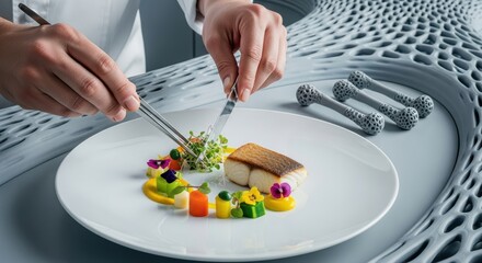 Chef plating gourmet dish with precision on modern surface design