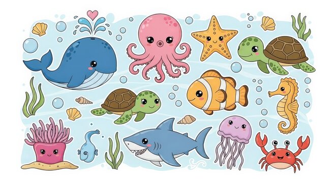 Cute Cartoon Ocean Animals and Marine Life Collection