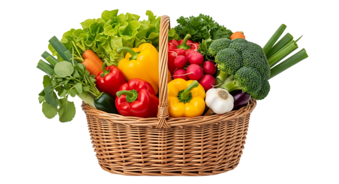 Wicker basket overflowing with fresh colorful vegetables including bell peppers lettuce broccoli and radishes isolated on a transparent background